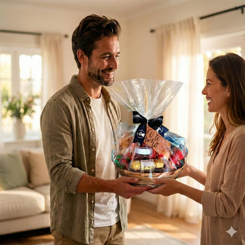 Casal sorrindo troca cesta de chocolates embrulhada, com tag 'Eu Te Amo', em sala iluminada.