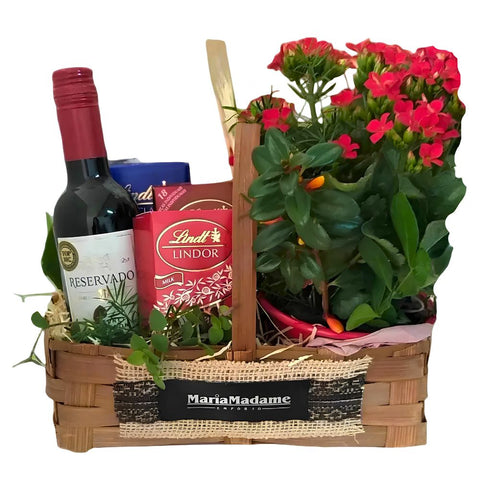 Cesta Vinho Tinto, Chocolates Lindt  e Flores