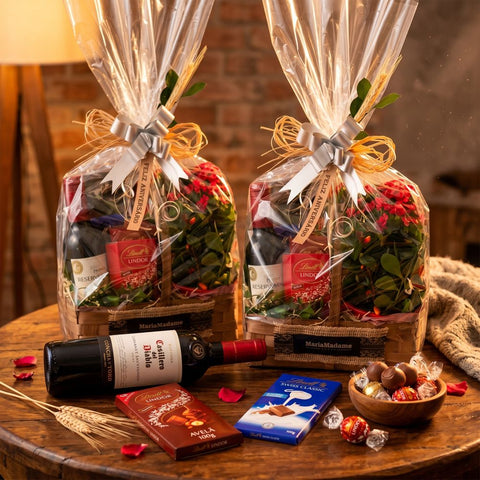 Cesta Aniversário Vinho, Chocolates Lindt e Flores