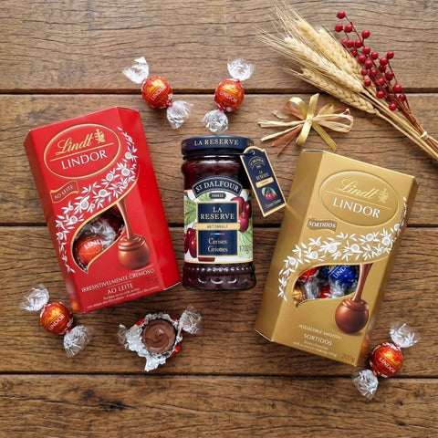 Kit presente luxo Maria Madame com Lindt e geleia importada – hamper elegante para entrega em Sorocaba e Votorantim.